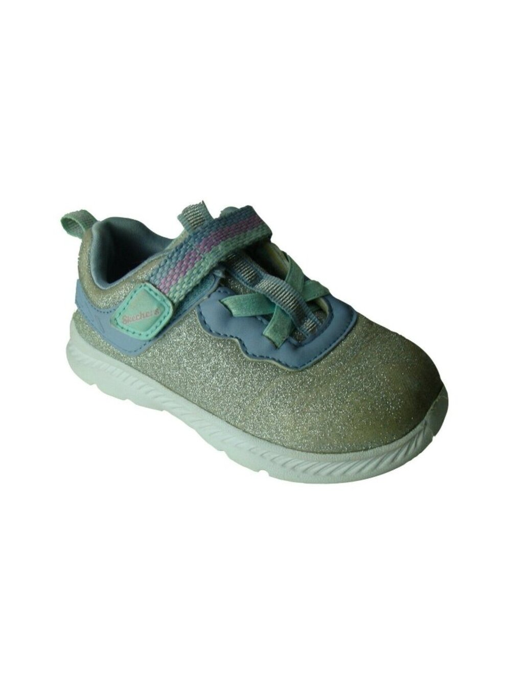 Skechers Girls Glitter Sneakers Size 10 Silver & Blue Hook & Loop Closure